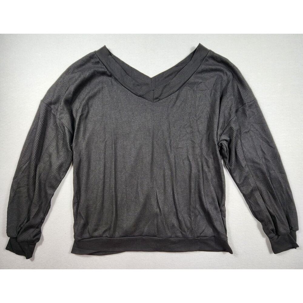 V Neck Long Sleeve Waffle Knit Top Off Shoulder Pullover Sweater Womens Size XL